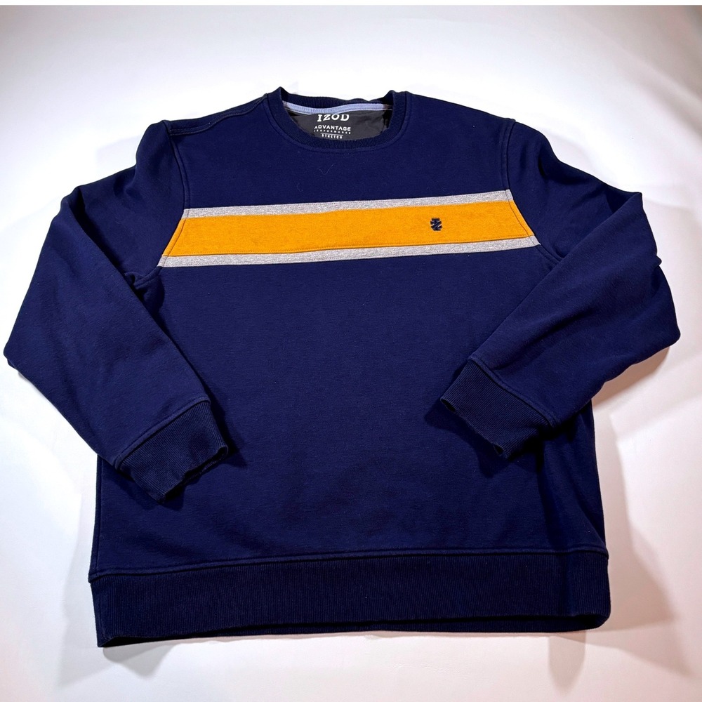 IZOD Mens Advantage Performance Sweatshirt L Navy‎ Blue Pullover Cotton  Stripe
